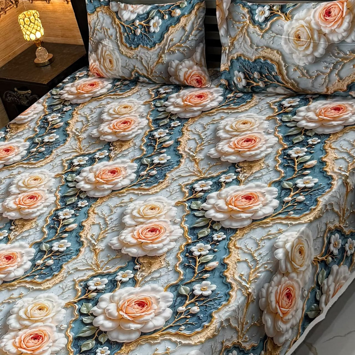 3D bedsheets king size in light blue and peach floral digital print