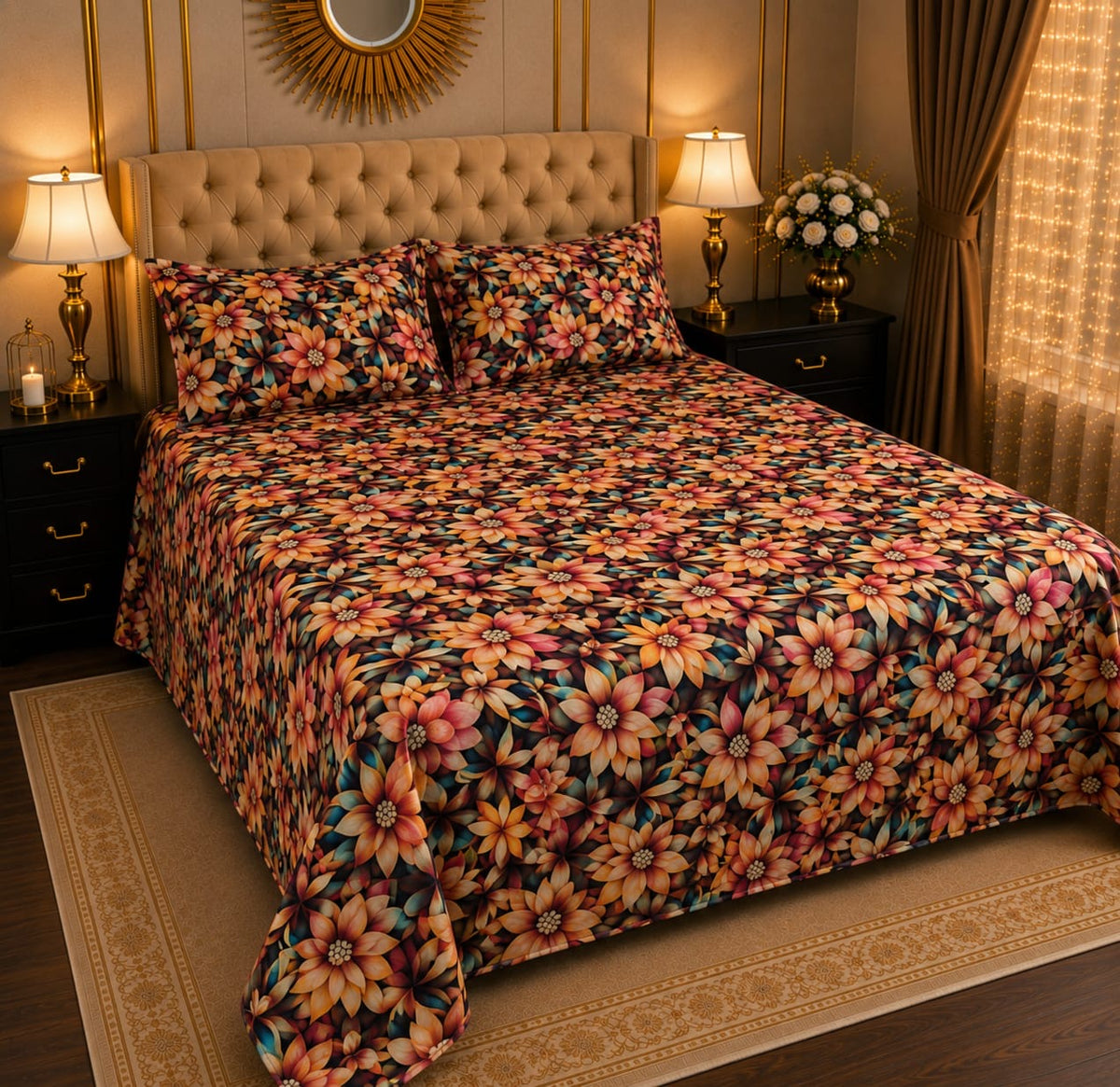 Luxury 3D floral digital printed cotton satin king size bed sheet with matching pillow covers