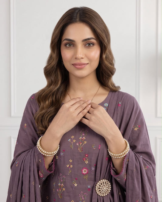 Beautiful mauve purple premium Airjet Dhanak unstitched suit featuring delicate floral embroidery from Aneela's Winter Collection.