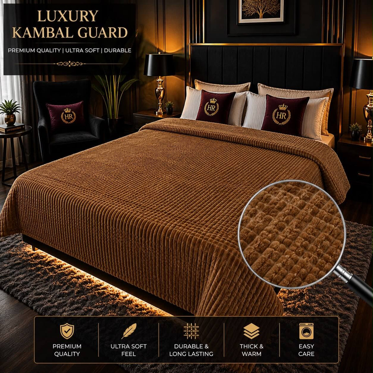 Rich brown premium luxury bubble AC blanket for a double bed, showing ultra-soft fleece texture and embossed design.