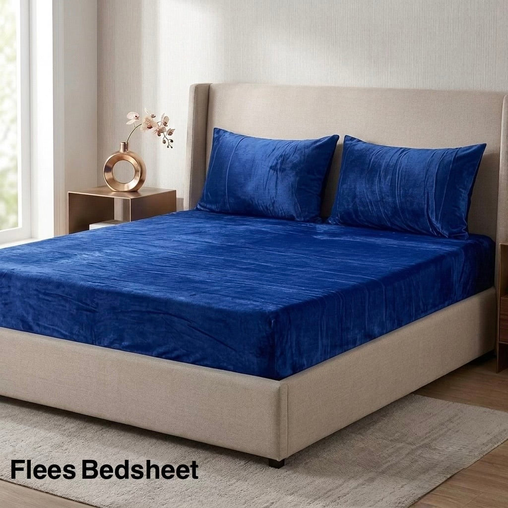 Royal blue fleece bedsheet king size in brushed velvet fabric on bed