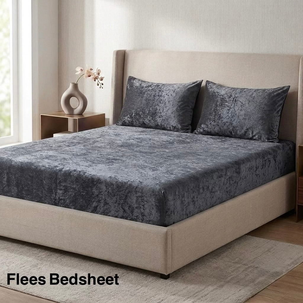 Charcoal grey fleece bedsheet king size in soft velvet fabric on bed
