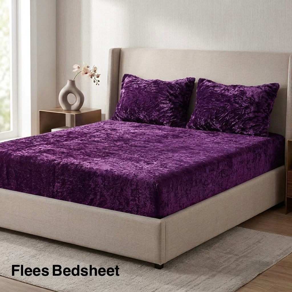 Purple fleece bedsheet king size in deep velvet fabric on bed