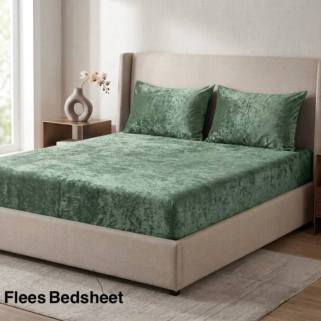 Sage green fleece bedsheet king size in soft velvet fabric on bed