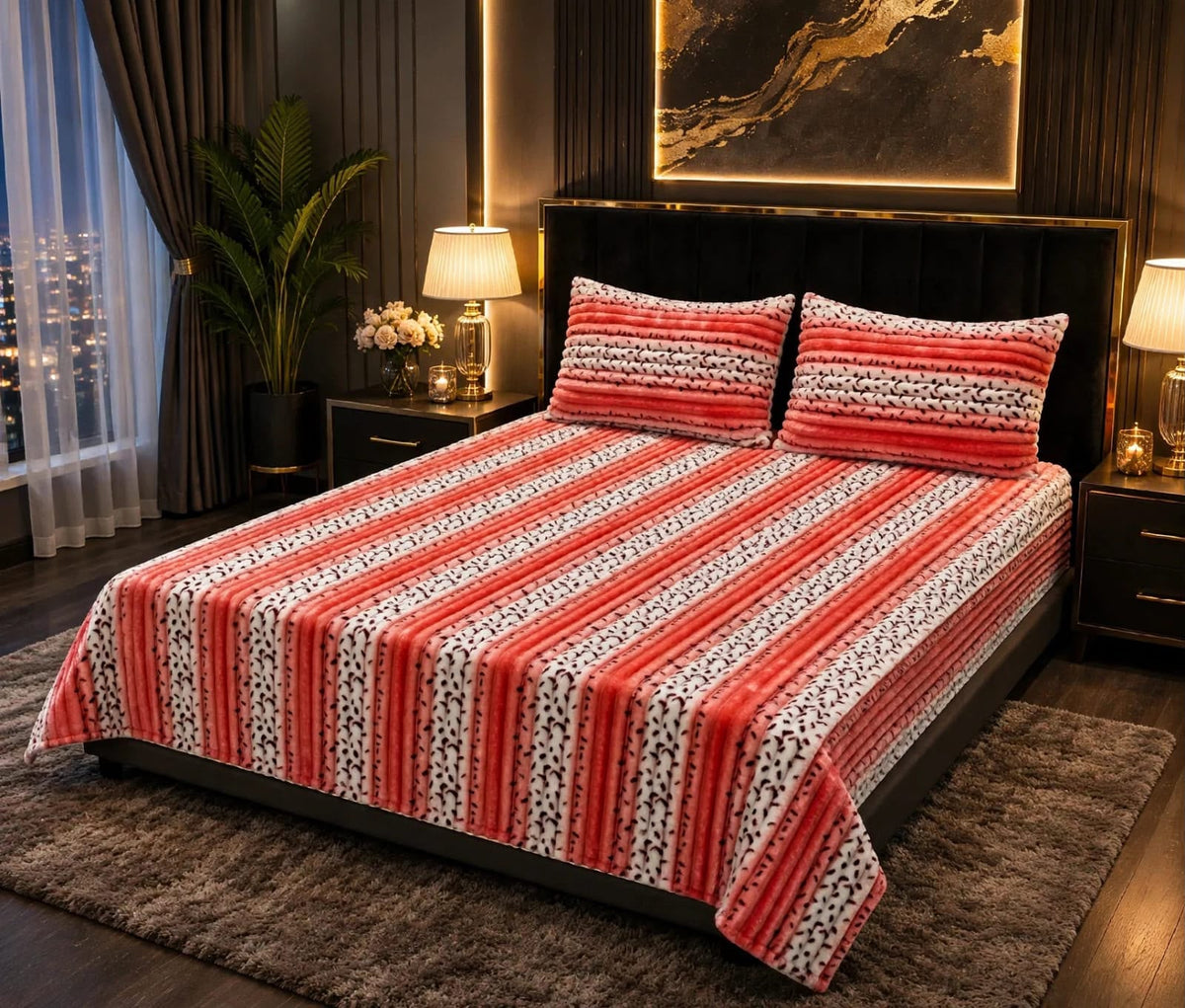 King size vibrant red and white striped fleece bedsheet for bridal jehaiz