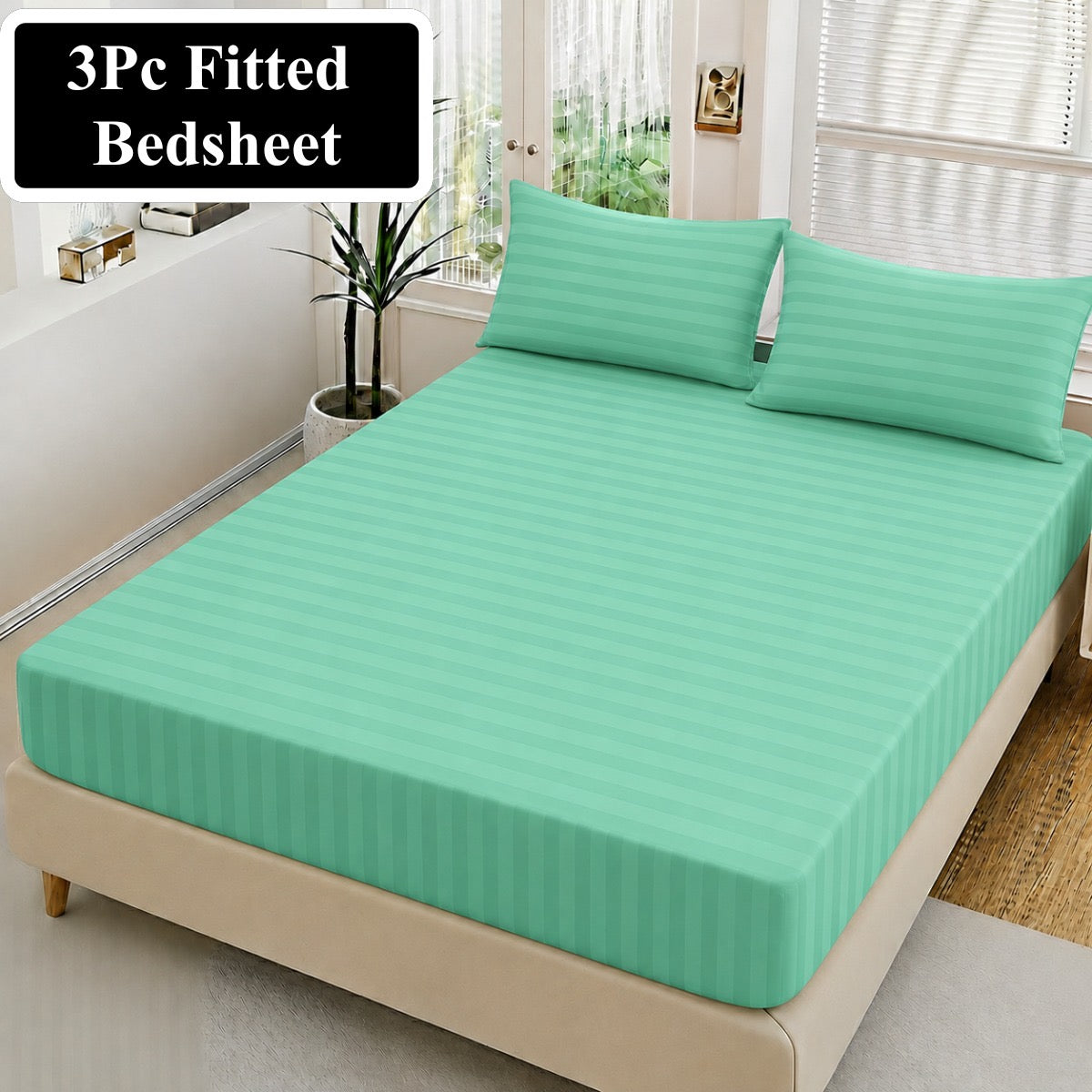 Luxury China Satin 3pc Stripe Fitted Bedsheet - King Size - My Store