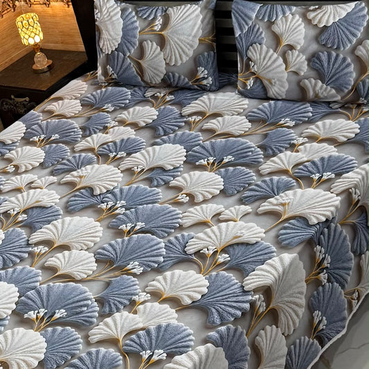 Blue and white botanical leaf design 3D bedsheets king size