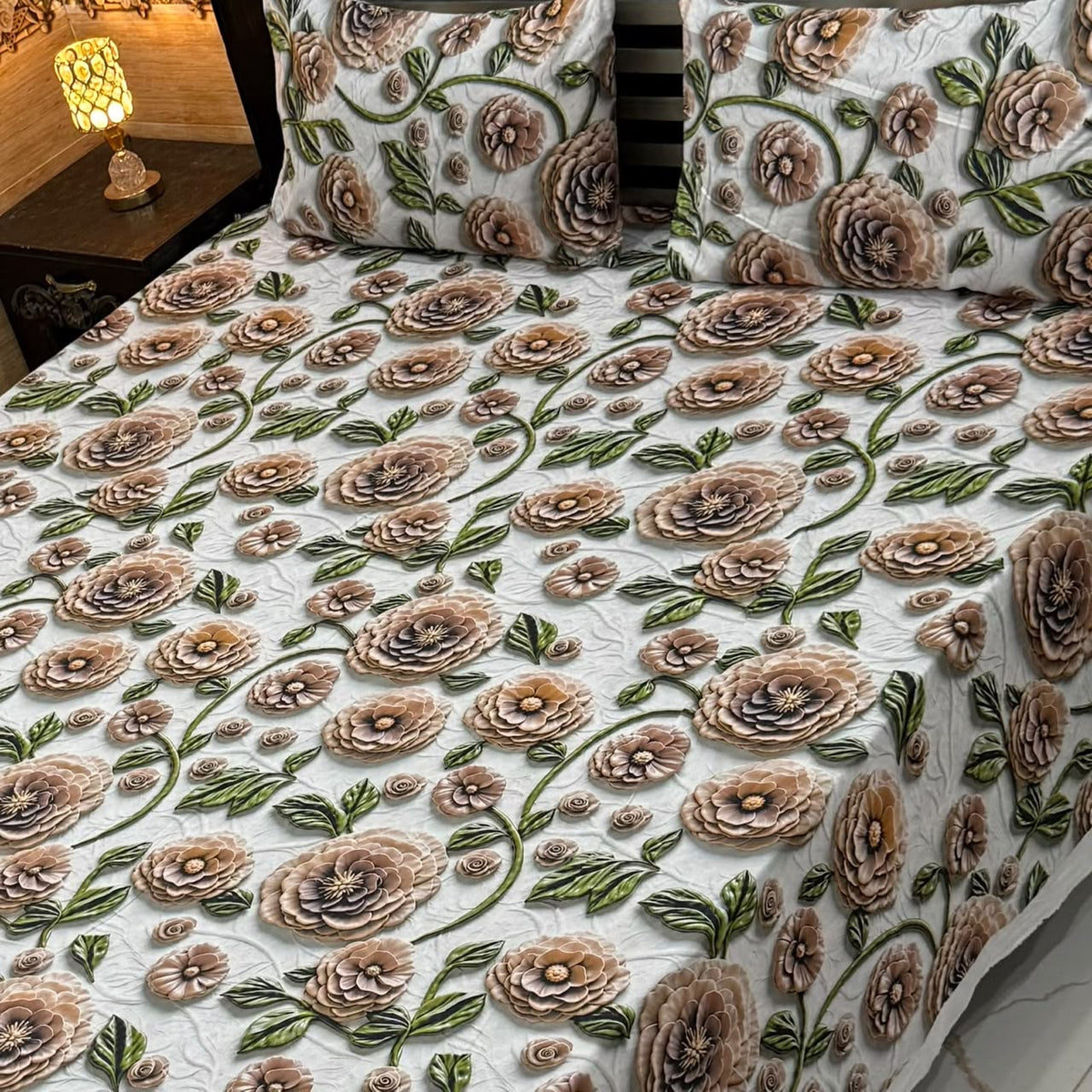 White 3D bedsheets king size featuring a brown floral and green vine digital print