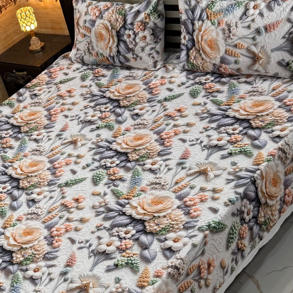 Vibrant peach and soft orange floral 3D bedsheets king size with grey leaves