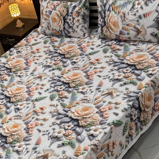 Vibrant peach and soft orange floral 3D bedsheets king size with grey leaves