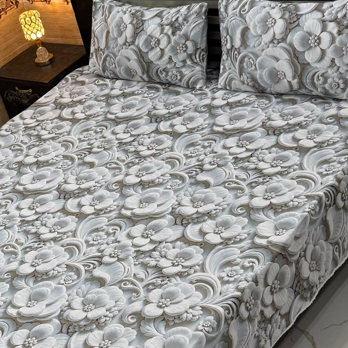 Monochromatic white and grey sculpted floral 3D bedsheets king size