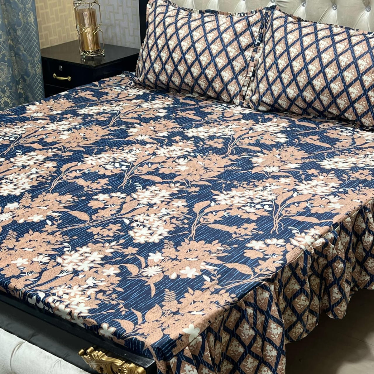 3 Piece Stitched Double Frill King Size Bedsheet Set – High Cotton Sylonica Fabric