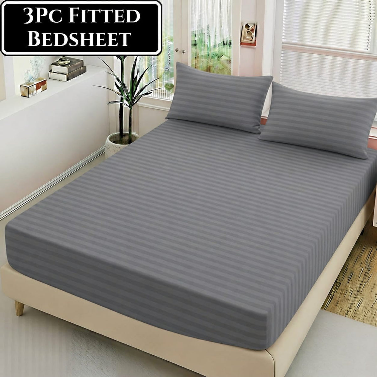 Luxury China Satin 3pc Stripe Fitted Bedsheet - King Size - My Store