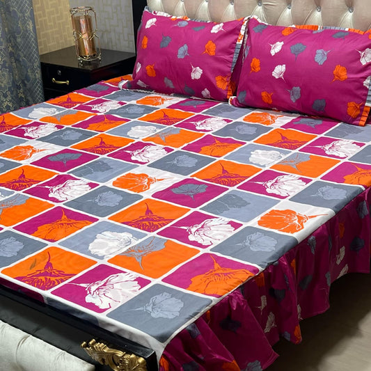 3 Piece Stitched Double Frill King Size Bedsheet Set – High Cotton Sylonica Fabric