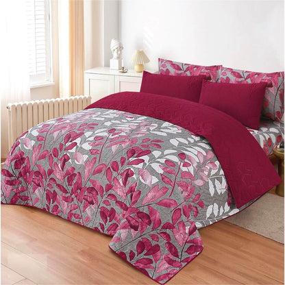 Premium 6pc comforter set king size in magenta and grey floral print on a wooden bed
