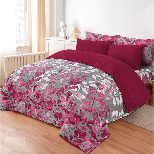 Premium 6pc comforter set king size in magenta and grey floral print on a wooden bed