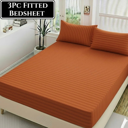 Luxury China Satin 3pc Stripe Fitted Bedsheet - King Size - My Store