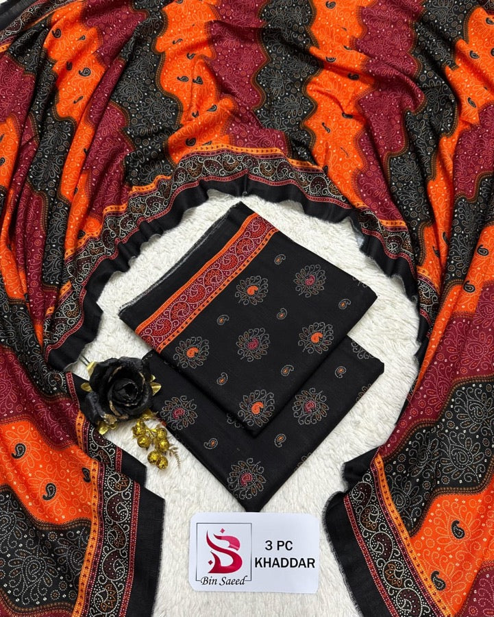 Bin Saeed Khaddar 3PC Unstitched | Black & Vibrant Orange