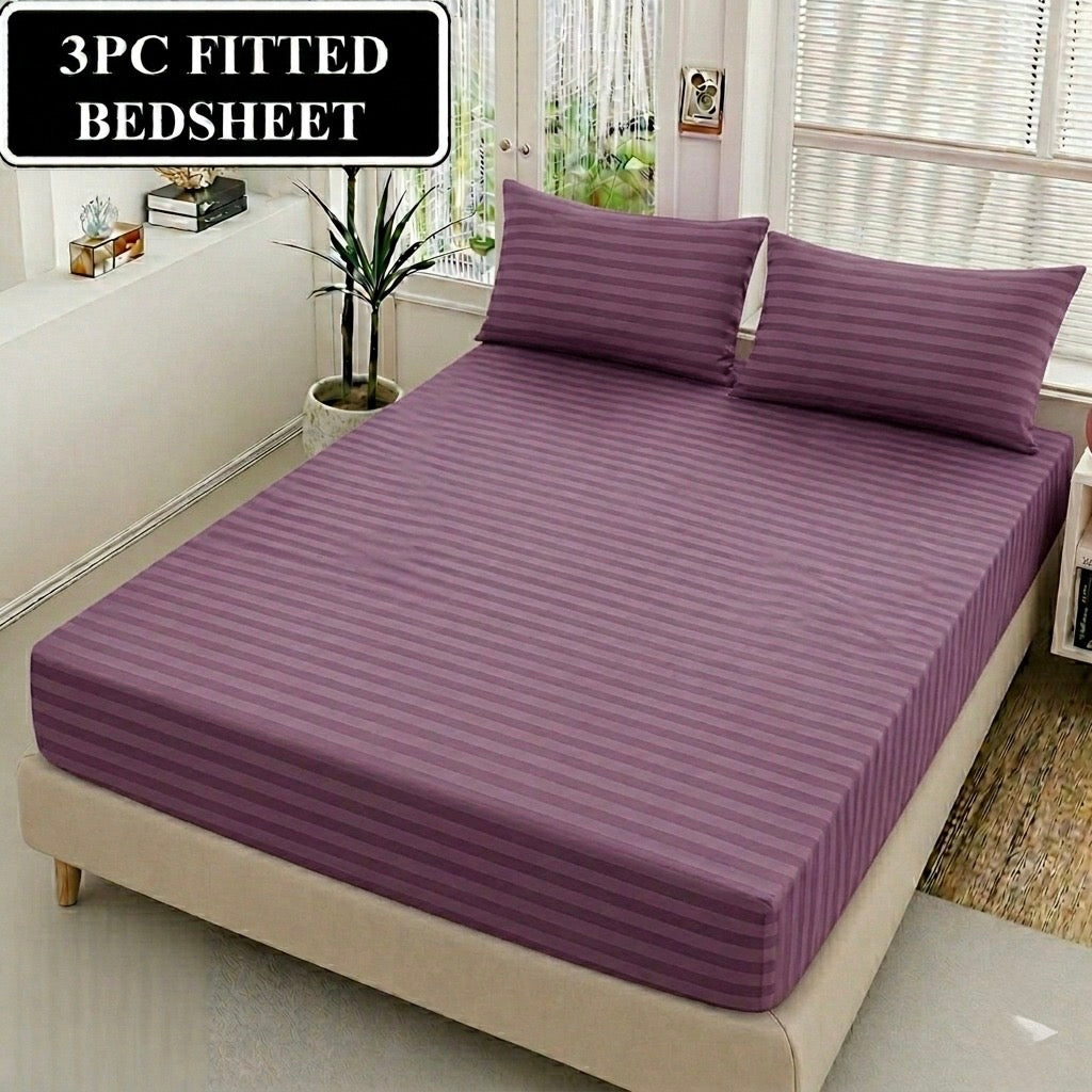 Luxury China Satin 3pc Stripe Fitted Bedsheet - King Size - My Store