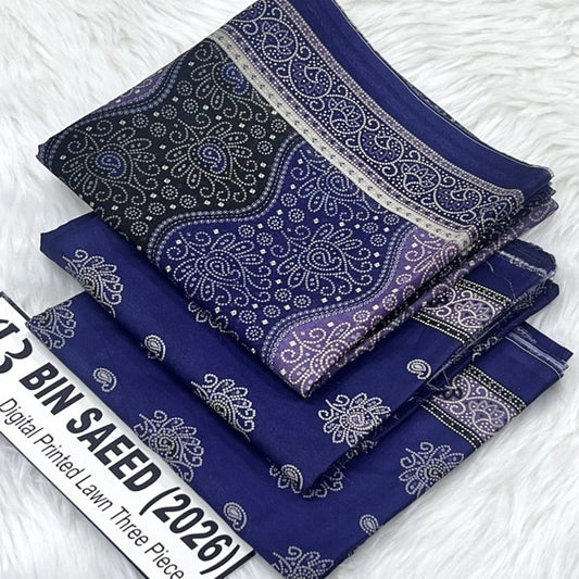 Bin Saeed Original Lawn Cotton Suit 2026 - Black Floral Digital Print Shirt with Mustard Yellow Trouser and Voil Dupatta