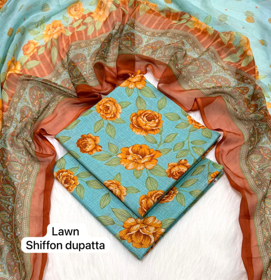 Digital Printed Lawn Suit with Chiffon Dupatta | Summer sale | Branded lawn | 3Pc - My Store