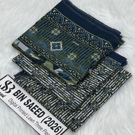 Bin Saeed 100% Original Lawn Cotton Suit 2026 - Navy Blue Digital Printed Shirt with Maroon Trouser and Voil Dupatta