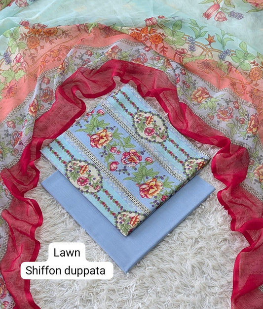 Digital Printed Lawn Suit with Chiffon Dupatta | Summer sale | Branded lawn | 3Pc - My Store