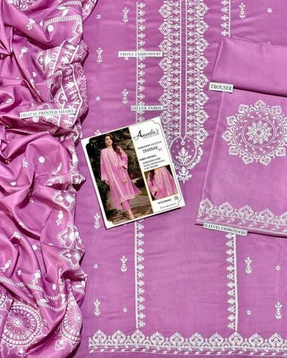 Aneelas Winter Collection: Pure Dhanak 3Pc Embroidered Suit
