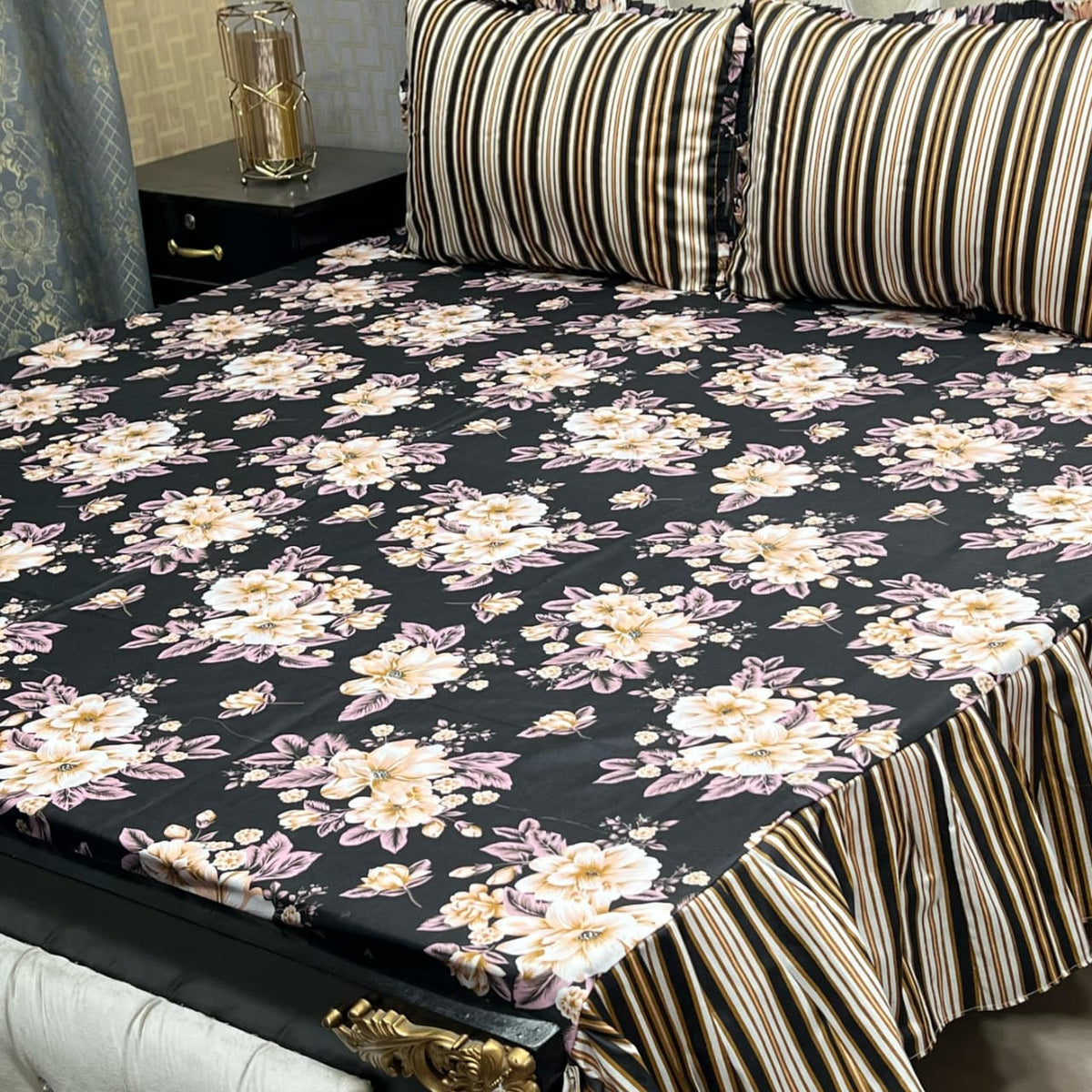 3 Piece Stitched Double Frill King Size Bedsheet Set – High Cotton Sylonica Fabric