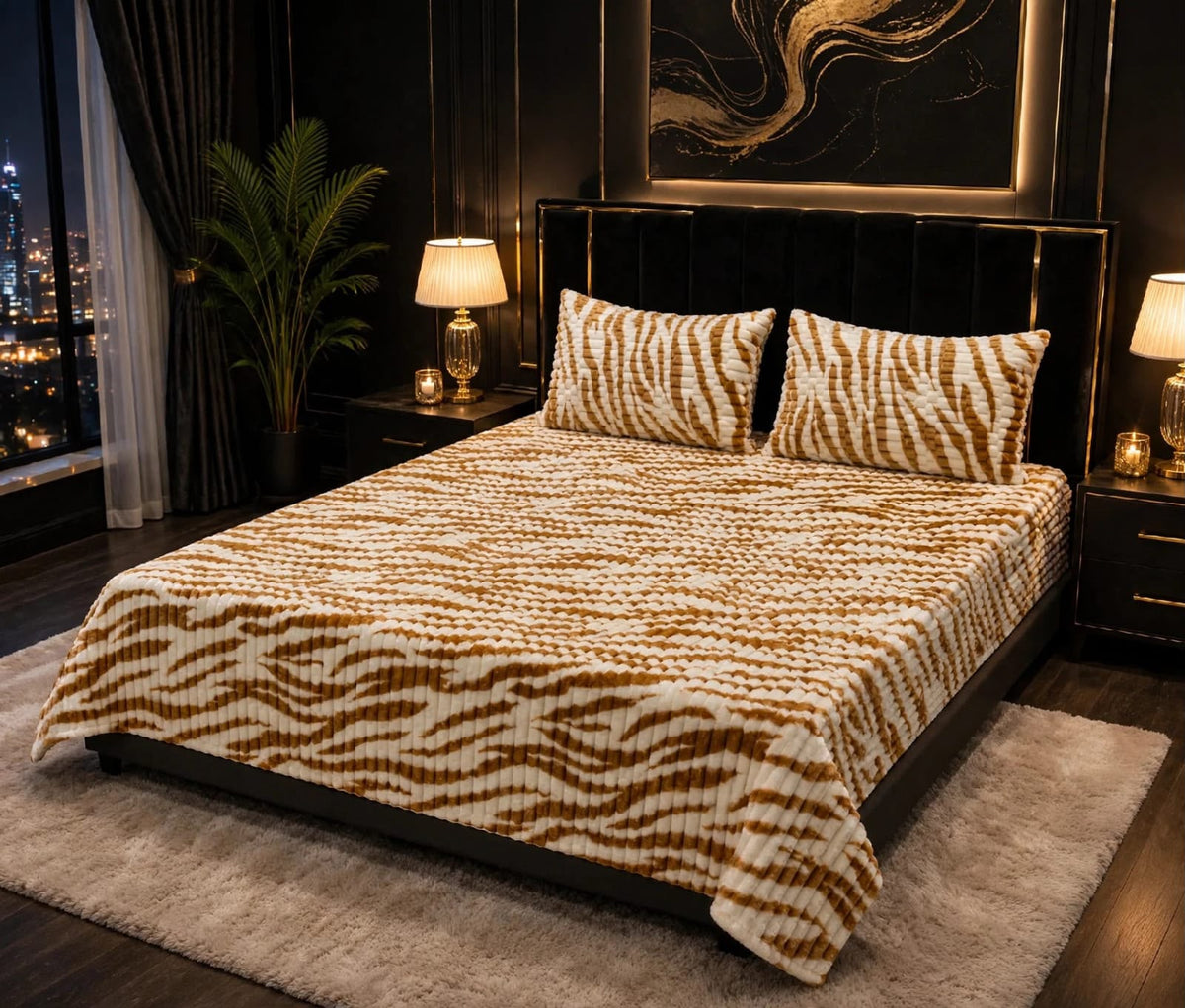 King size golden brown animal print fleece bedsheet with matching pillow covers