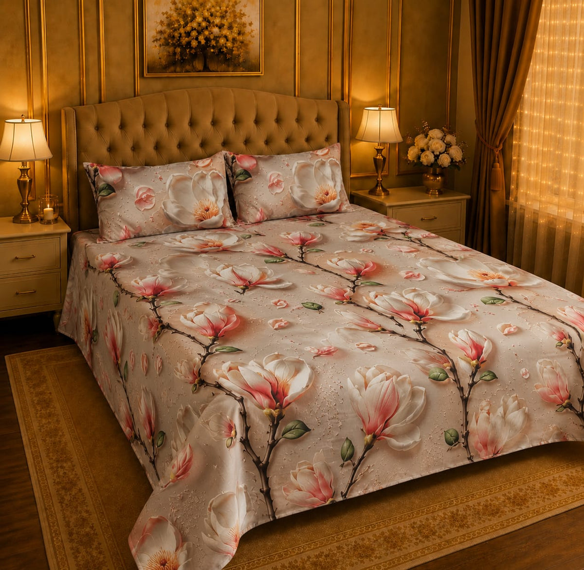 BEDIOR blooming magnolia branch and pink floral 3D and 7D digital printed king size crystal cotton bed sheet set