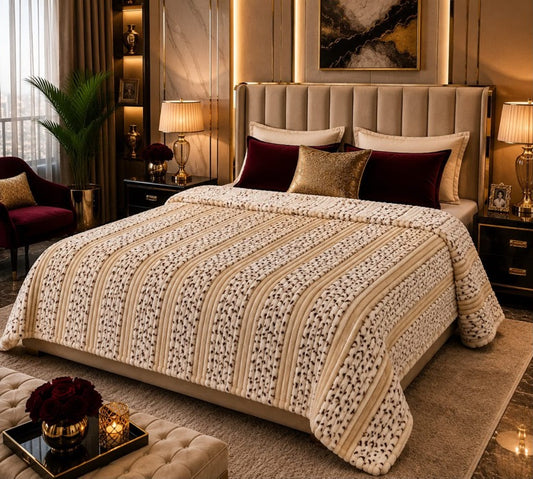 Cream beige gold striped floral puffy AC blanket on double bed Pakistani