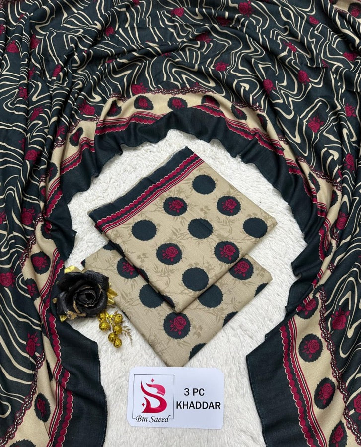 Bin Saeed Khaddar 3PC unstitched suit in black floral print