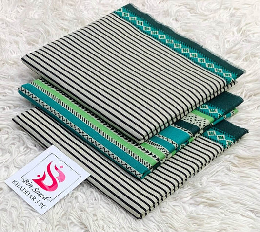 Bin Saeed khaddar 3pc unstitched suit in green, black, and white stripes.