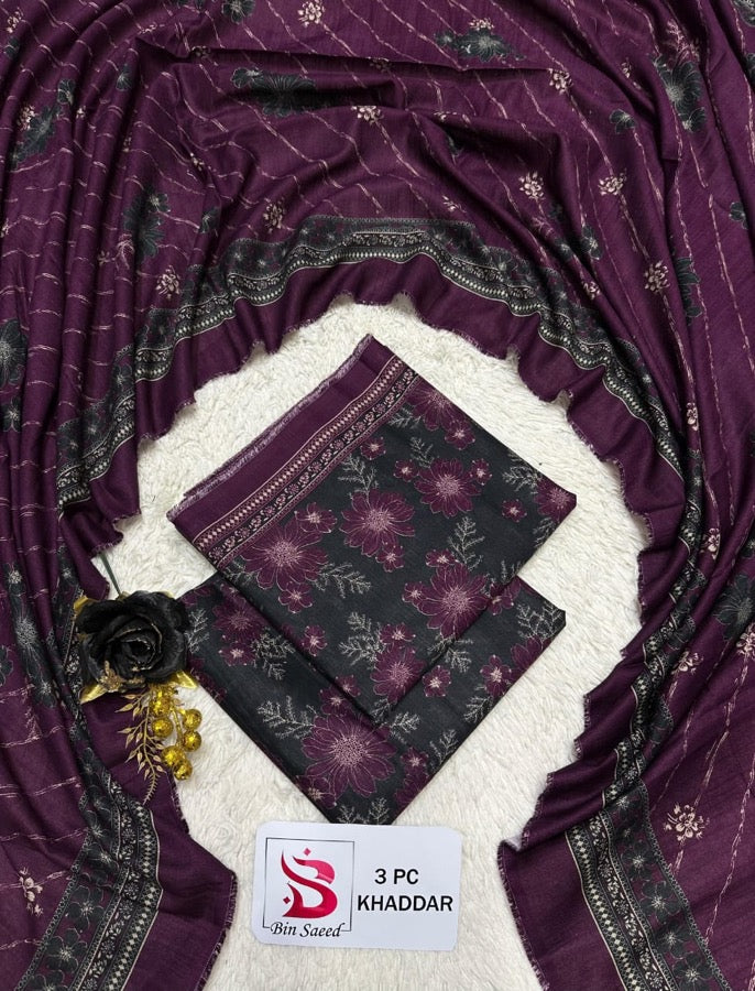 Close-up of the vibrant plum and pink floral digital print on the Bin Saeed khaddar shirt.