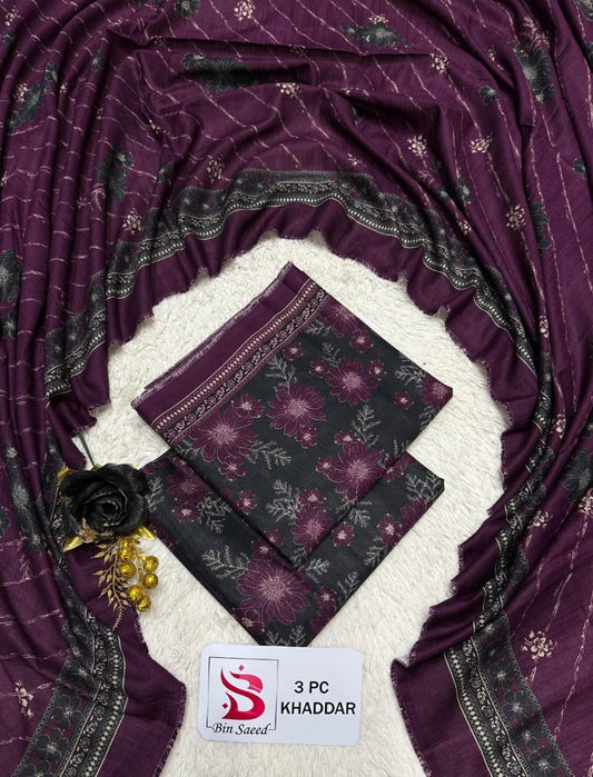 Close-up of the vibrant plum and pink floral digital print on the Bin Saeed khaddar shirt.