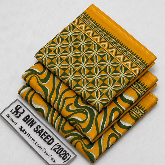 Bin Saeed 100% Original Lawn Cotton Suit 2026 - Mustard Yellow and Olive Green Geometric Printed 3-Piece Unstitched Lawn