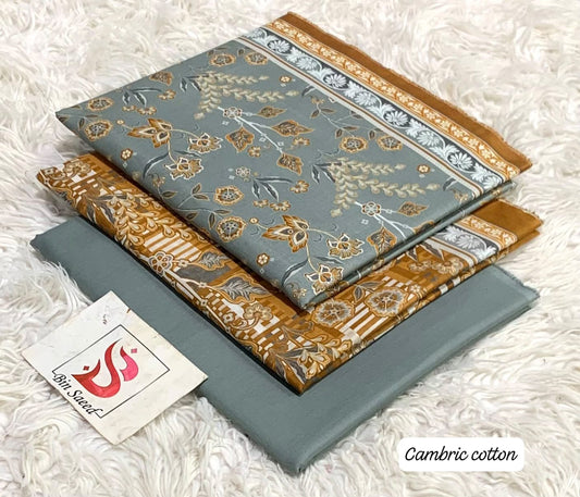 Bin Saeed 100% Original Lawn Cotton Suit 2026 - Slate Blue Digital Printed Shirt with Ochre Floral Border and Slate Trouser