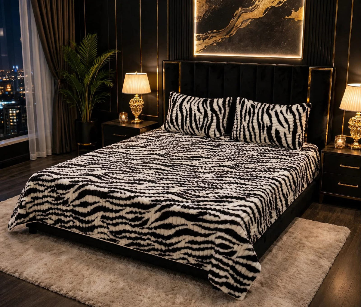 King size black and white zebra print fleece bedsheet set on a luxury modern bed