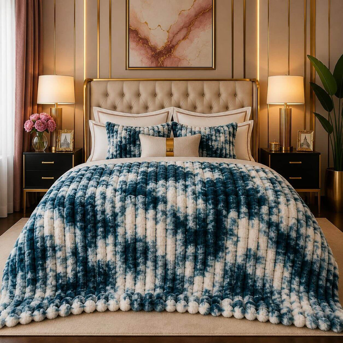 Cozy blue and white tie-dye textured double bed AC blanket in soft fleece at Fabiha Online Store