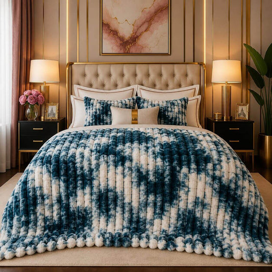 Cozy blue and white tie-dye textured double bed AC blanket in soft fleece at Fabiha Online Store