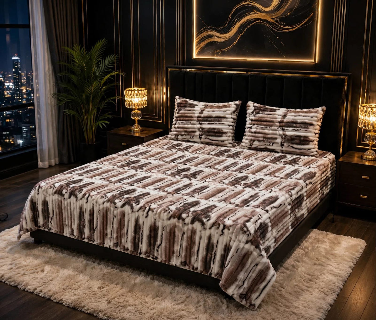 King size brown and cream brushed stripe fleece bedsheet for bridal jehaiz