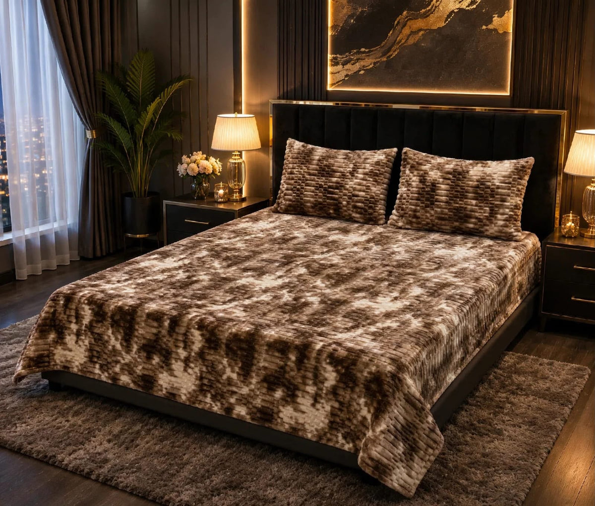 King size warm brown and cream tie-dye fleece bedsheet with ribbed texture