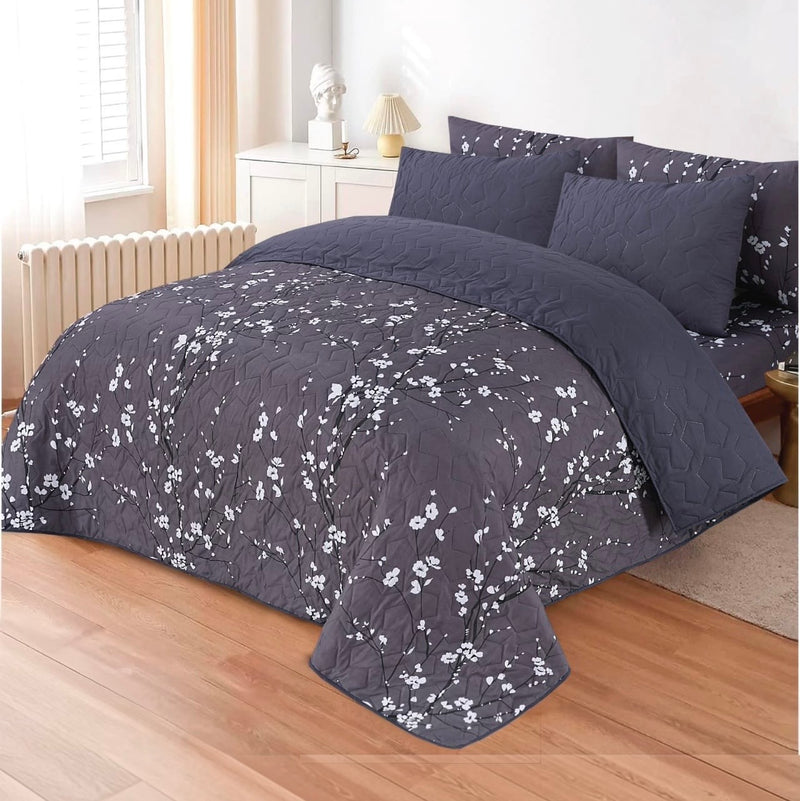 Elegant charcoal grey 6pc comforter set king size with delicate white floral patterns.