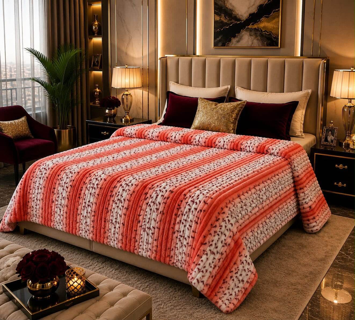 Beautiful coral and white striped textured double bed AC blanket in soft fleece at Fabiha Online Store