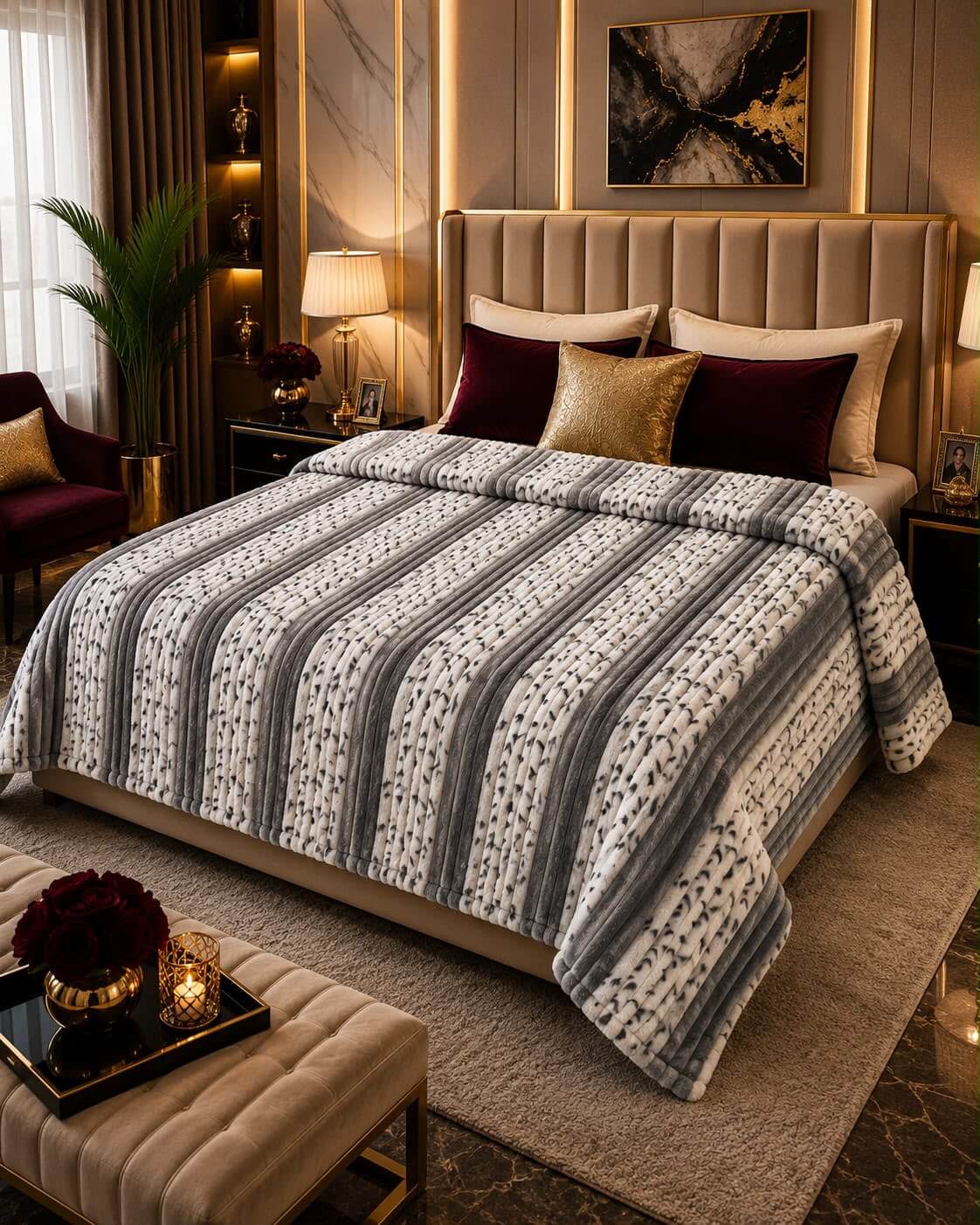 Elegant grey and white striped fluffy fleece AC blanket on a modern double bed