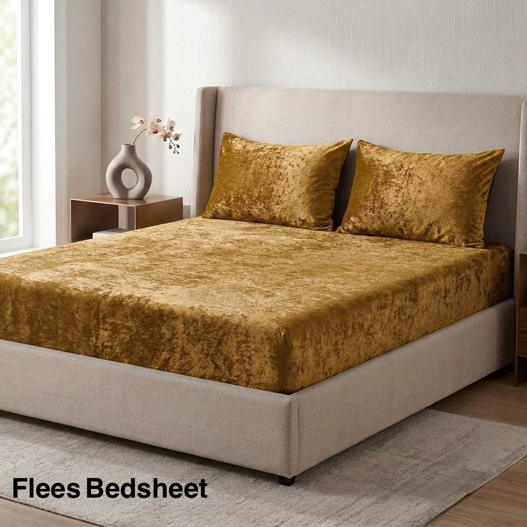 Golden mustard fleece bedsheet king size in crushed velvet on bed