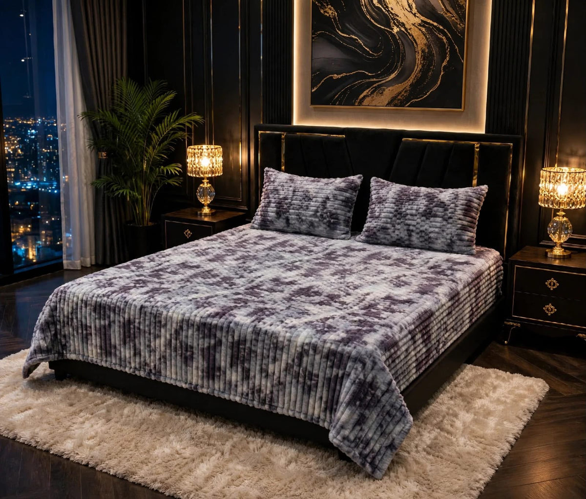 King size grey ribbed fleece bedsheet with two matching pillow covers spread on bed