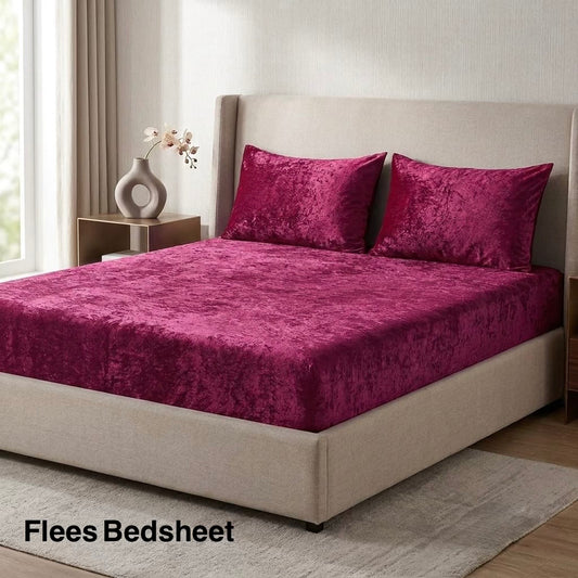 Fleece bedsheet king size in maroon soft velvet fabric on bed