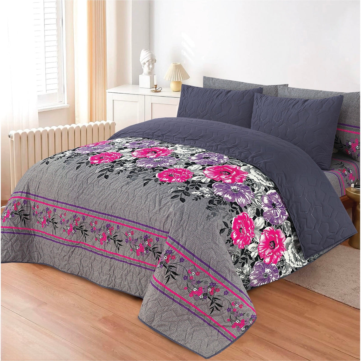 Premium grey 6pc comforter set king size with pink floral borders on a bed